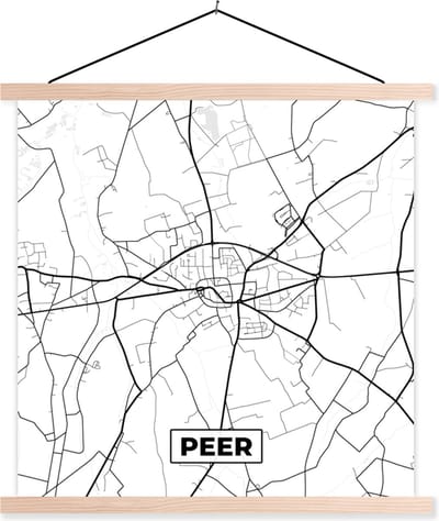 Posterhanger incl. Poster 40x40 cm - Schoolplaat - Plattegrond – Peer – Zwart Wit – Stadskaart - Kaart - België - Textielposter - Blanke latten - Stadskaart