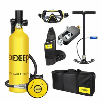 Pelor 1L Duikset – Compleet met Handpomp, Drukmeter & Handleiding – 10-20 Min. Duiktijd – Sterk Aluminium – 200 Bar – Tot 10m Diepte - Geel