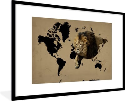 Fotolijst incl. Poster - Wereldkaart - Zwart - Leeuw - 90x60 cm - Posterlijst