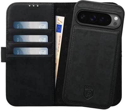 Rosso Elite Hoesje Geschikt voor Google Pixel 9 Pro XL | Compatibel met MagSafe | Book Case en Back Cover | Magnetisch Uitneembaar | Echt Leer Beschermhoes met Pasjeshouder | Zwart