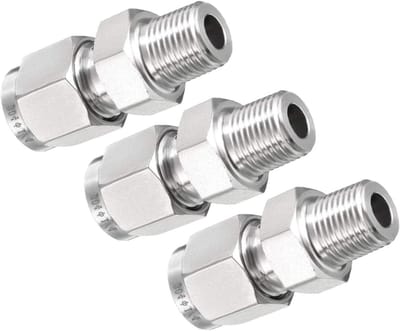 Compressiekoppeling 1/8 NPT Mannelijk x 1/4" Buis OD met Dubbele Koord-Eind Ferrules van RVS - Set van 3 Stuks voor Betrouwbare Verbindingen
