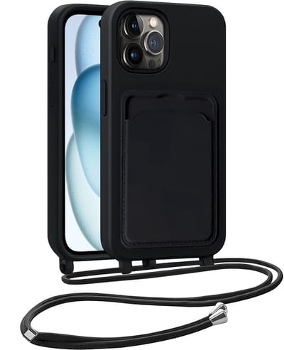 Hoesje Geschikt voor iPhone 14 Pro Max Hoesje Met Telefoonkoord en Pasjeshouder Siliconen - Hoes Geschikt voor iPhone 14 Pro Max Hoesje Met Kaarthouder Case - Zwart