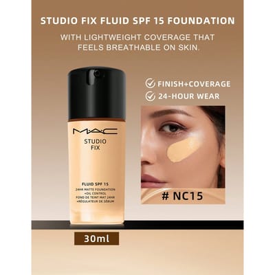 Mac Studio Fix Fluid SPF15 NC15 30ml – Foundation, 24-Hour Longwear, For Oily Skin, NC15, SPF 15, Suitable For Daily Makeup Routine