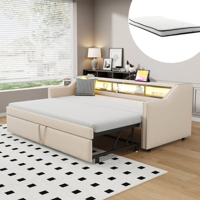 COVREO Slaapbank met LED-verlichting en USB-poort – 203,5 x 102 x 74 cm – Bedbank met opbergruimte en lattenbodem – Beige – met matras