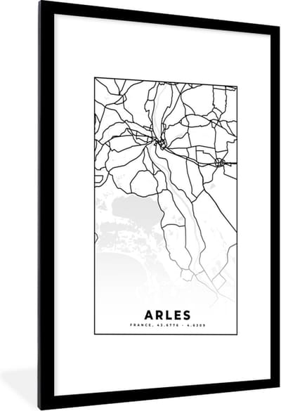 Fotolijst incl. Poster Zwart Wit- Frankrijk – Plattegrond – Stadskaart – Arles - Kaart - Zwart wit - 60x90 cm - Posterlijst