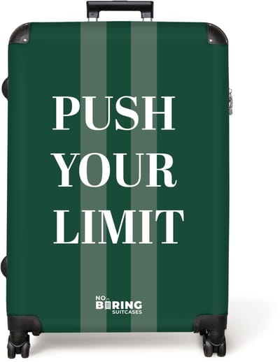 NoBoringSuitcases.com® - Koffer groot - Reiskoffer lichtgewicht - Groene achtergrond met tekst Push Your Limit - Rolkoffer met 4 wielen - Grote trolley XL - 98 liter bagage