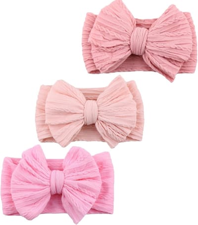 Set van 3 Zachte Haarbanden voor Babymeisjes met Bogen - Nieuweborn Haaraccessoires in Donkerroze, Lichtroze en Mediumroze