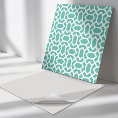Wallfluent Vinyl Tegels - Geometrisch Patroon met Vormen Zelfklevende Vinyltegels - 30 cm x 30 cm - Turkoois Vinyl Tegels - 9 stuks - Vierkant PVC Tegels - Patroon Plaktegels - Vloer Tegels PVC - Plaktegels Keuken en Badkamer