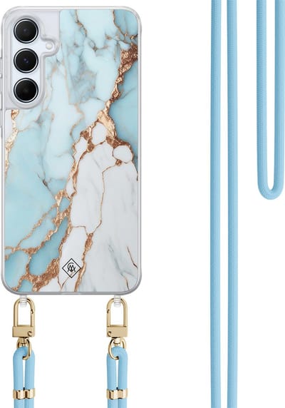 Casimoda® hoesje met koord - Geschikt voor Samsung A55 - Marmer Lichtblauw - Afneembaar koord - TPU/polycarbonaat - Blauw