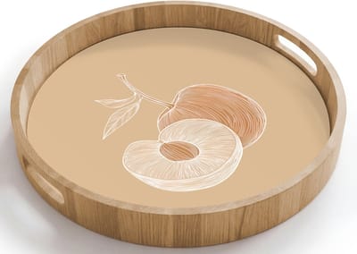 Dienblad rond 40x40 cm - Schootdienblad hout - Perzik - Lijntekening - Pit - Beige - Borrelplank rechthoek - Plateau houten dienbladen