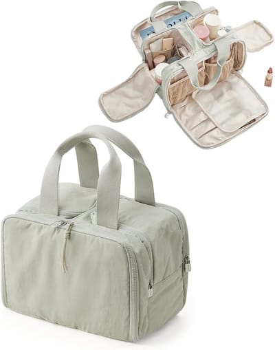 KZQ Reis Make-up Tas Met Handvat Grote Capaciteit Cosmetic Organizer Waterdicht Breed Te Openen Toilettas Voor Vrouwen Voor Accessoires En Essentials Groen