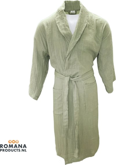 Romana Products Muslin - Badjas Unisex - Kamerjas - Ochtendjas - Licht Olijfgroen - Maat XXL - Badmantel