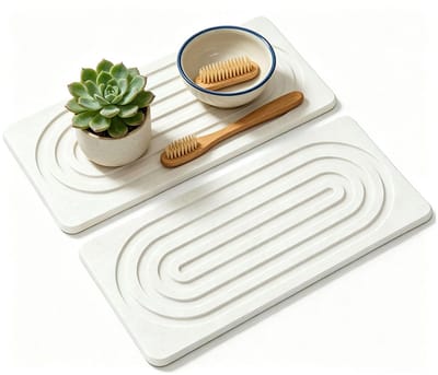 2 Stück Abtropmat Stone, Diatomee Cupmat Onderlegger Voor Gootsteen Badkamer Keuken, Stone Drying Mat Met Groeven, Wit 21 x 10 cm Voor Zeep Spons Bekers Werkblad