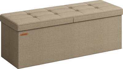 Kameelbruine zitkist - Opbergpoef - Voetensteun - MDF-constructie - Imitatielinnen bekleding - Schuimvulling - 38 cm x 110 cm x 38 cm - 9,1 kg - 300 kg capaciteit - 131 liter opbergruimte