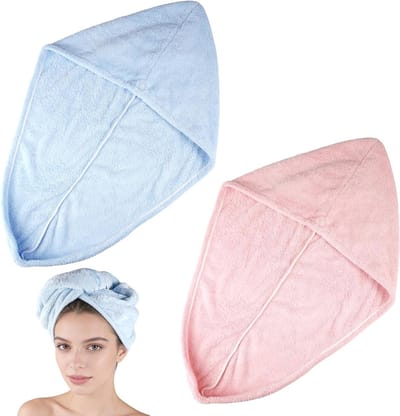 Microvezel Haarhanddoek Tulbandstijl - 2 Stuks, Superabsorberend, Zacht en Sneldrogend, Ideaal voor Lang, Kort, Krullend en Steil Haar, 65 x 25 cm (Blauw en Roze)
