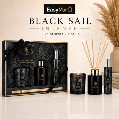 EasyMart Black Sail Intense Luxe Huisparfum Set 4-Delig – Premium Cadeauset met Geurstokjes, Roomspray, Geurkaars & Diffuser – Luxe Geurset voor Woonkamer, Badkamer, Toilet & Slaapkamer