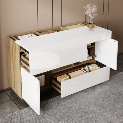 Hoogglans dressoir - zijkast -glazen kast - met LED-verlichting - met lades