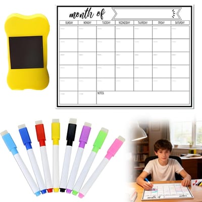 Dailygoods - Magnetische Droogwis Kalender voor Koelkast, Herbruikbaar, 28x21 cm, Met 8 Stiften en Wisser, Perfect voor Gezinsplanning en Organisatie