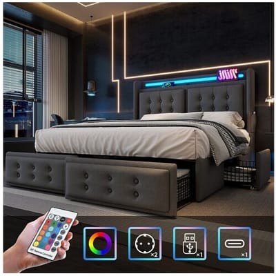 Merax Gestoffeerd bed 180 x 200 cm met 4 lades, LED-hoofdbord, USB Type-C-aansluiting - Katoenen stof - Grijs (zonder matras)