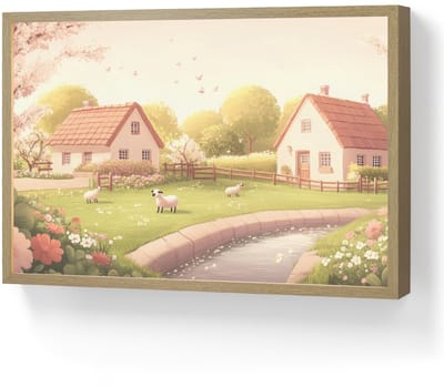 Wandlamp 60x40 cm - Oplaadbaar - Schapen - Huisje - Platteland - Wandlampen binnen woonkamer - Slaapkamer lamp - Decoratieve nachtlamp - Vloerlamp draadloos