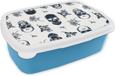 Broodtrommel Blauw - Lunchbox - Brooddoos - Tiener - Skull - Rozen - Patroon - 18x12x6 cm - Kinderen - Jongen