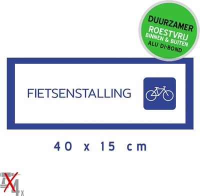 Pictogram/ bord Dibond | "Fietsenstalling" | 40 x 15 cm | Fietsen parkeren | Fietsparking | Fietsers | Aanwijzer | Gemakkelijk te lijmen | Duurzaam | Roestvrij | 1 stuk