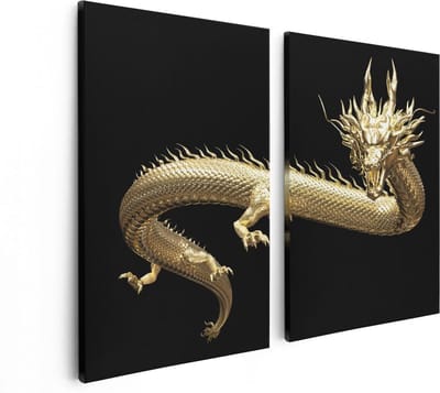 Artaza Canvas Schilderij Tweeluik Gouden Draak - 80x60 - Foto Op Canvas - Canvas Print