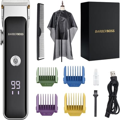 BarberBoss Professional Face Trimmer for Beard & Hair, Compact Design, Precision Dial, 2 Speed Settings, USB Rechargeable Ceramic & Titanium Blade, LED Display, QR-2089