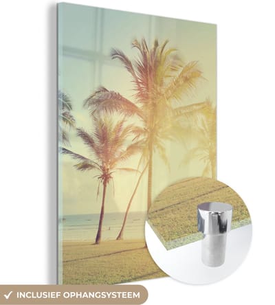 MuchoWow® Glasschilderij 30x40 cm - Schilderij acrylglas - Zee - Palmboom - Zomer - Zon - Strand - Foto op glas - Schilderijen