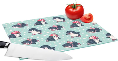 Glazen Snijplank - 28x20 - Pinguïn - Schaatsen - Muts - Kinderen - Patroon - Snijplanken Glas