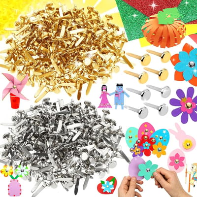 Srup-pakket van 400 clips met ronde kop van 8 mm, mini-brads-papieren sluitingen, patroonclips voor het maken van kaarten, metalen scrapbooking-patroonclips, zakclips met goudpatroon (goud, zilver)