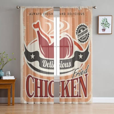 Vintage Gefrituurde Kip Vector Poster Ontwerp Transparante Gordijnen voor Woonkamer Tule Raamgordijn Slaapkamer Keuken Sluier Gordijnen 135W x 114H(cm) beige