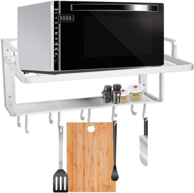 Muurbeugel voor Magnetron met 2 Niveaus en 10 Haken voor Keukenopslag - Ruimtebesparend en Functioneel 55 x 38,5 x 25 cm