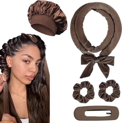 Warmteloze Haarkrullers & Krulband met Slaapmuts – Krullen Zonder Hitte, Heatless Curls Satijnen Curling Headband voor Slapen, Haar Kruller en Haar Accessoire voor Nacht en Styling - Bruin