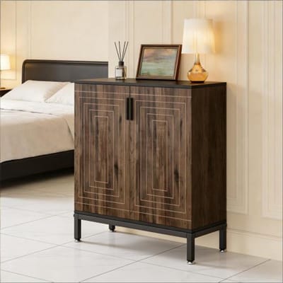 MODFU - Schoenenkast - 2 Deuren En Uitneembare Planken - Modern - Voor Hal - MDF En Metaal - Zwart En Lichtbruin - 80 x 38 x 95 cm