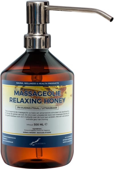 Massageolie Relaxing Honey 500 ml met zilveren pomp - 100% natuurlijk - biologisch en koud geperst