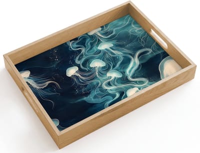 Dienblad hout 40x30 cm - Schootdienblad - Kwallen - Zee - Wit - Golven - Borrelplank rechthoek - Plateau dienbladen