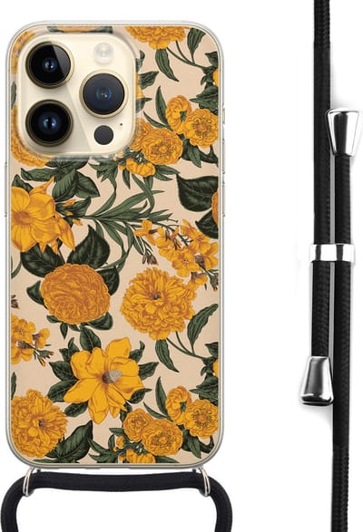 Hoesje met koord - Geschikt voor iPhone 14 Pro - Retro flowers - Verstelbaar zwart koord - Transparant, Oranje - Bloemen - Leuke Telefoonhoesjes