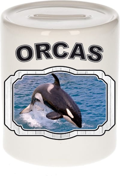 Dieren liefhebber grote orka spaarpot 9 cm jongens en meisjes - keramiek - Cadeau spaarpotten orka walvissen liefhebber