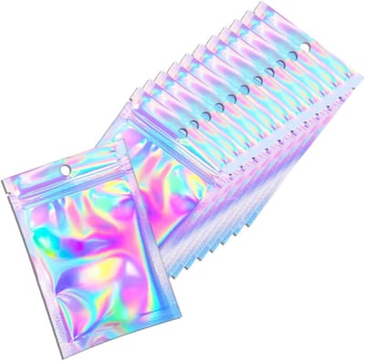 100 stuks holografische hersluitbare verpakkingszakken voor kleine zakelijke benodigdheden, schattige kleine kleurrijke geurbestendige foliezakjes, plastic zakjes voor lipgloss, zeep, feestvoedselopslag (4x6 inch)