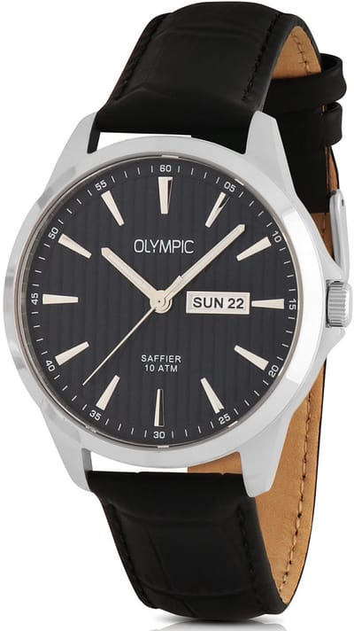 Olympic OL26HSL080 John Heren Horloge - Saffierglas - Staal/Leer - Zilverkleurig/Zwart - 41 mm breed - Quartz - Gesp - 10 ATM (zwemmen)