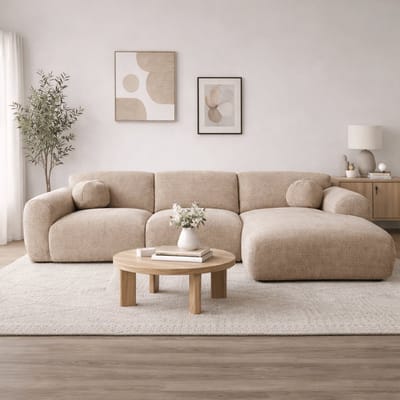 Dimehouse Hoekbank zand chenille stof - 292x169 cm - Shane - rechts - Chenille - Japandi - 292 x 169 x 75 cm