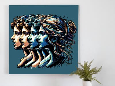 Pixel art vrouw schilderij | Prisma van pixels: levendige vrouwelijke schoonheid in digitale kunst | Kunst - 100x100 centimeter op Forex | Foto op Forex