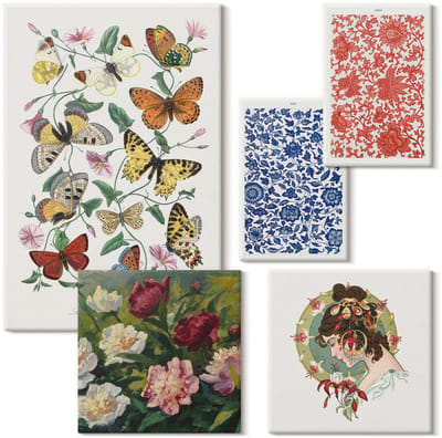 Wallfluent Set van canvas schilderijen - Vintage decoraties met bloemen en vlinders Canvas Schilderijen Set - Set van 5 Canvas Schilderijen - Veelkleurig Set van Canvas Prints - Natuur Canvas Kunst Set - Boheemse Canvas Kunst Set