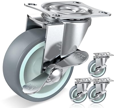 Zwenkwielen 75 mm met zijremmen - TPR werkbank wielen, 227 kg draagvermogen (set van 4)