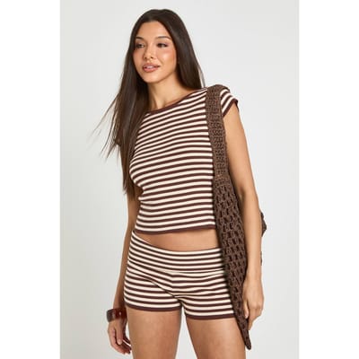 boohoo Dames Super Zachte Gestreepte Top Met Slash Hals En Korte Broek Co-ord Set | Chocoladebruin | Maat: Small