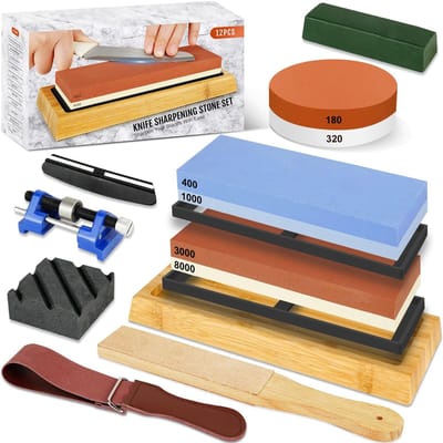 Dailygoods- Slijpsteenset 12-delig - Professionele Wetsteen Korrel 400/1000/3000/8000 - Antisliponderlagen - Hoeksteun - Slijphulp - Hoogwaardige Korund - Messenslijper