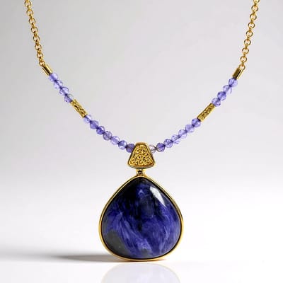 Cavill - Zilveren Halsketting 925 Sterling - 22,5 ct Paarse Charoiet Druppel & 1,85 ct Amethist Kralen - Goudkleurige Bezel - Elegant