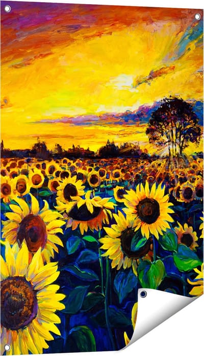Gards Tuinposter Getekende Zonnebloemen Veld met Olieverf - 60x90 cm - Tuindoek - Tuindecoratie - Wanddecoratie buiten - Tuinschilderij