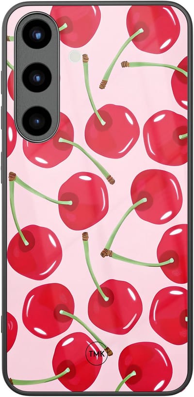 Hoesje geschikt voor Samsung Galaxy S25 - Sweet cherry - Roze - TPU luxe case (glossy toplaag) - Print - Hardcase backcover zwart